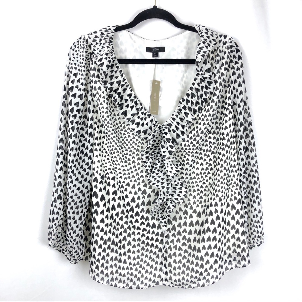 NWT J.Crew Ruffle-trim V-neck blouse Heart Pattern - Picture 2 of 9